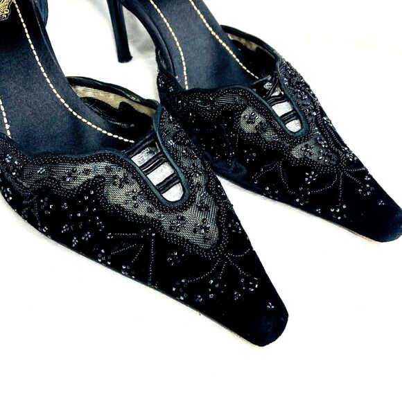 Rene Caovilla Stiletto Heels Pointy Toe Bead D'Orsay 8 8.5 39 Witch Black Velvet - Picture 6 of 16